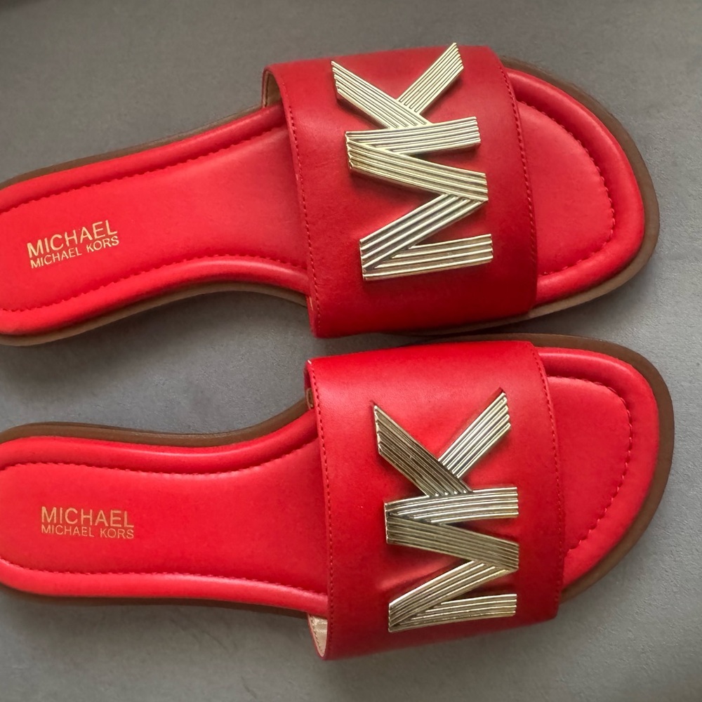 Michael Kors Red Slides with Gold Logo - Picture 2 of 4